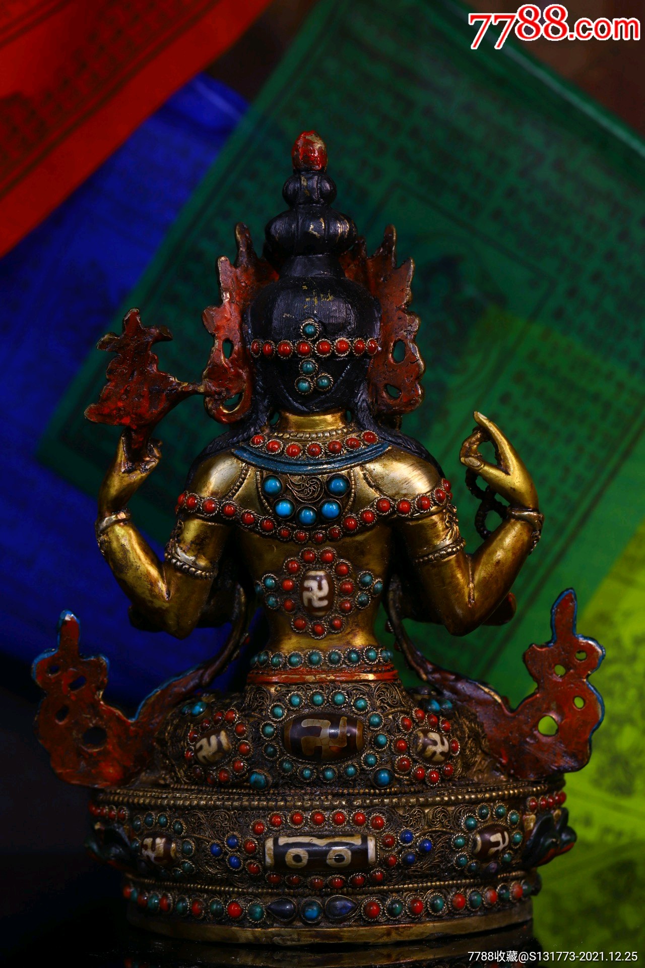 錾刻,纯手工掐丝镶嵌宝石,天珠四臂观音高23㎝宽17㎝重_佛像/造像_第4