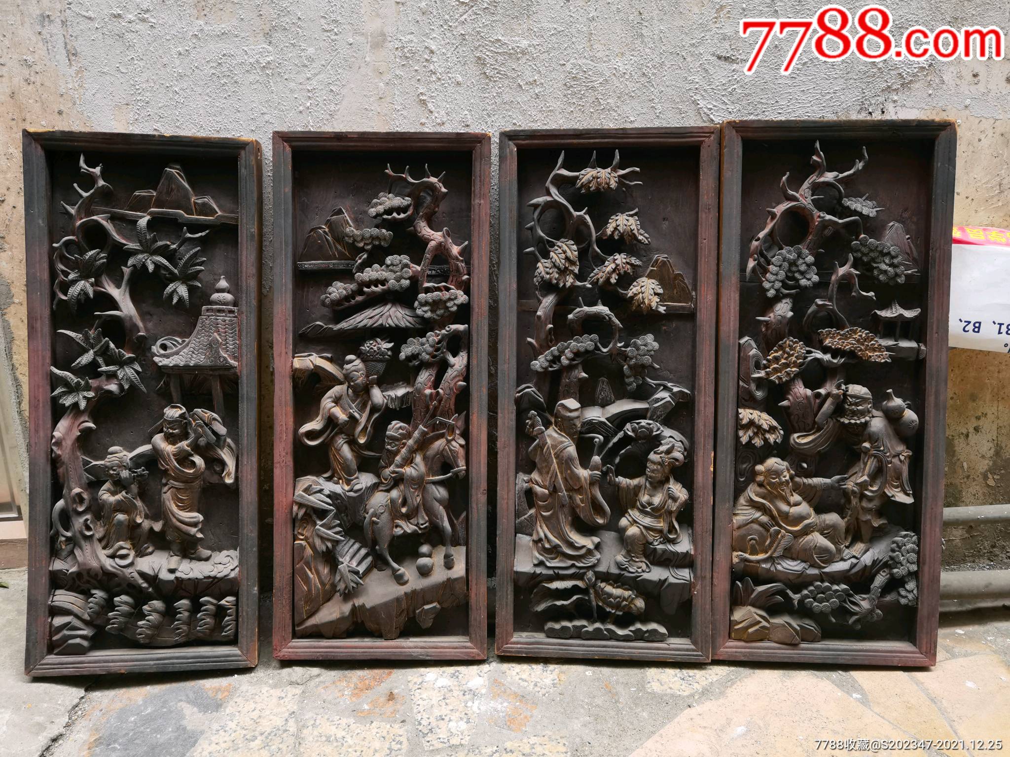 精品木雕高浮雕八仙雕花板一套4条屏高88宽36厚5雕工厚度4厘米真正的