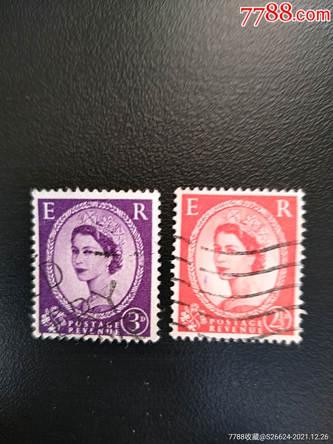 195557年英国女王伊莉莎白二世普通水印邮票2枚销
