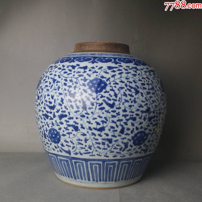 清三代中期乾隆花卉纹大罐景德镇明清老青花瓷器古董古玩收藏摆件