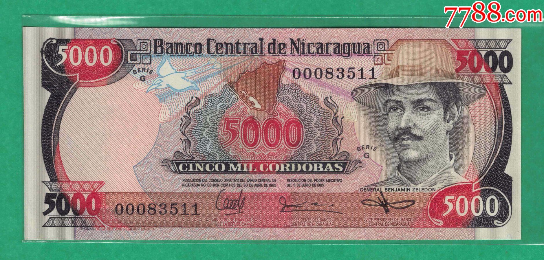 全新unc尼加拉瓜5000科多巴纸币爱国将军1985年g序列实物图
