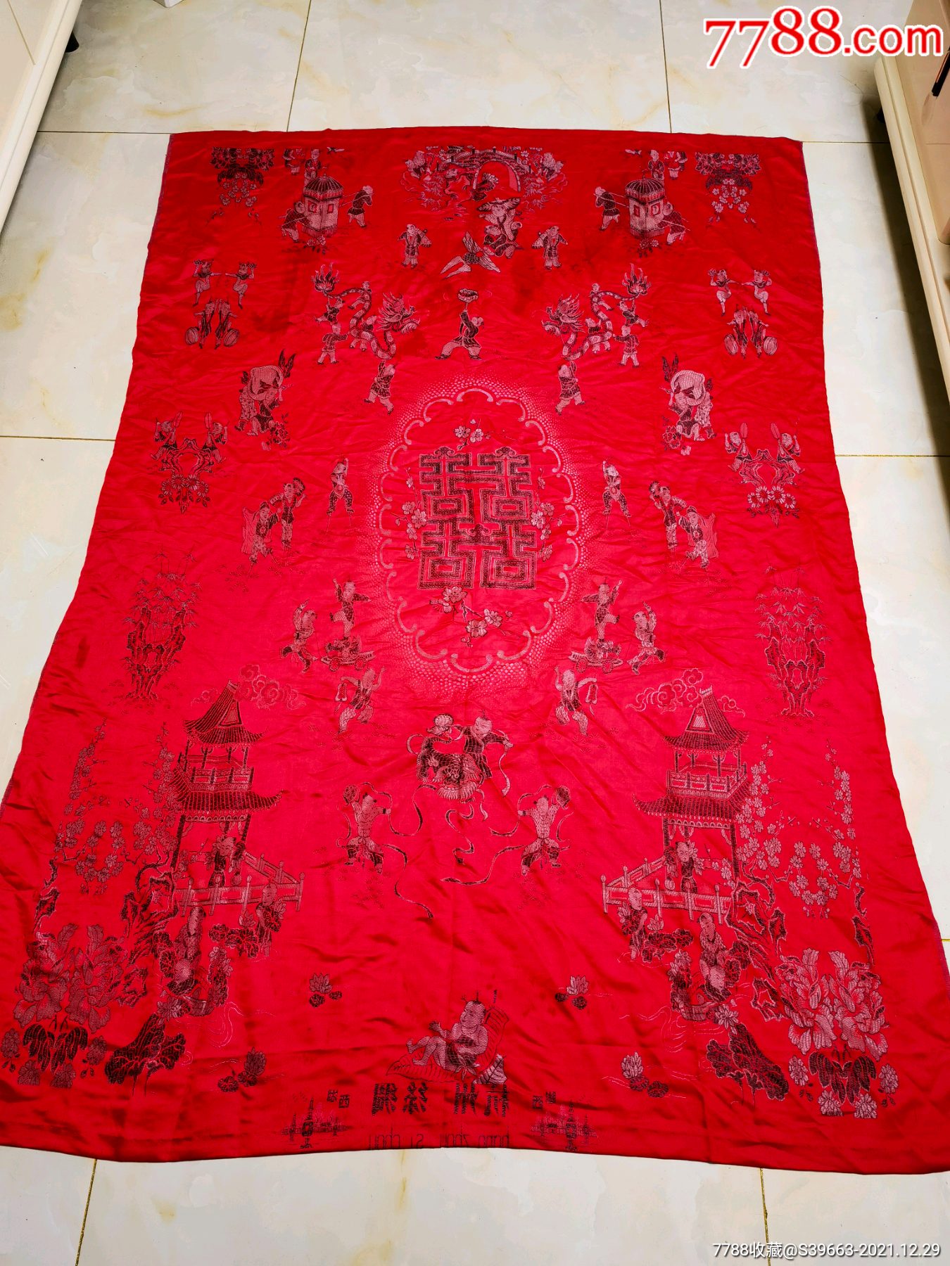 双喜婴戏图人丝绸物被面,_床单/被套_图片收藏_回收价格_7788相机收藏