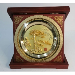 安徽芜湖金画迎客松摆件铜镀金非遗文化带木盒收藏证书全品木盒尺寸19