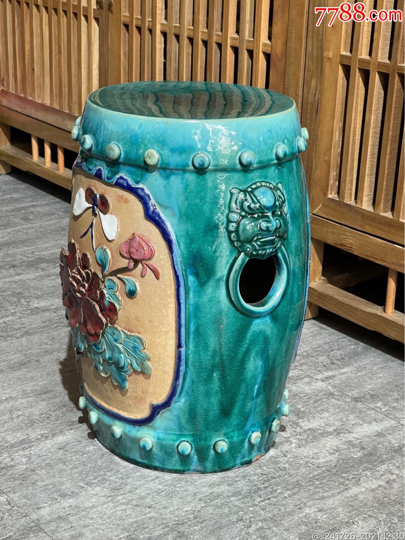 bfq3049石湾窑浮雕花鸟绿釉鼓墩_绿陶_第3张_7788陶器收藏