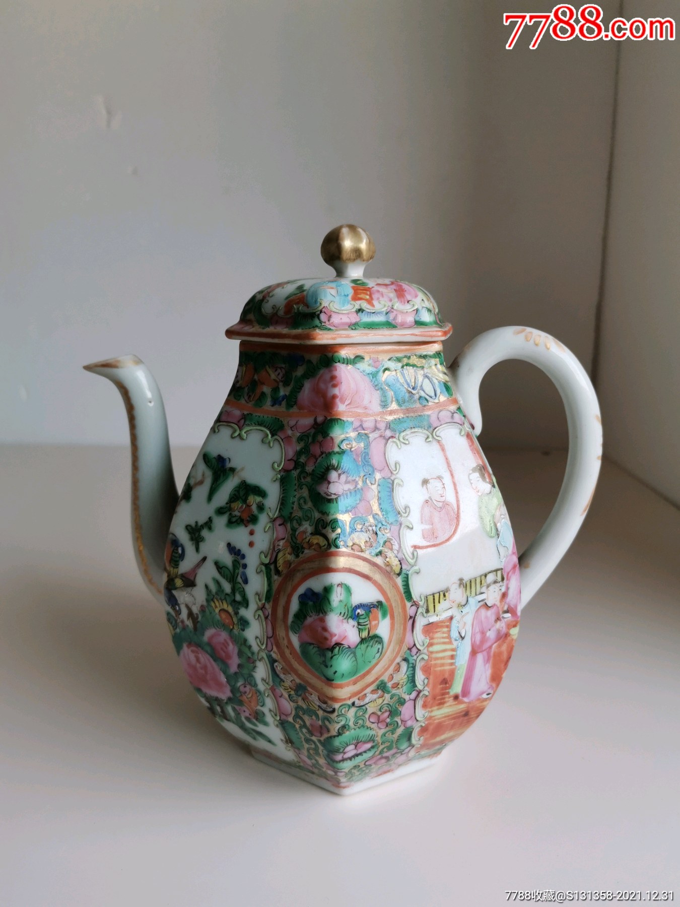 晚清民国广彩人物六方大执壶全品_彩绘瓷/彩瓷_第1张_7788茶具