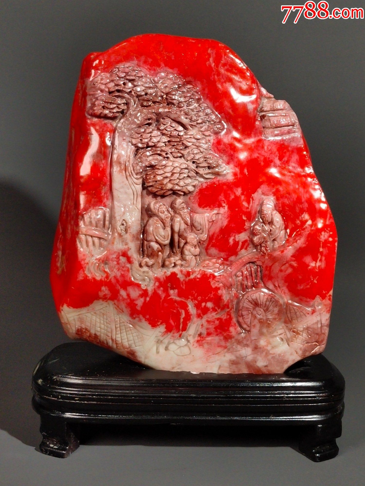 鸡血石手工高浮雕松下雅聚大摆件a91s15f