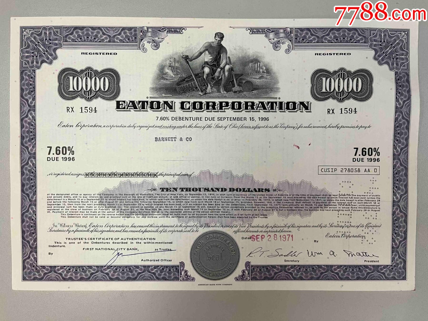 美國500強債券收藏伊頓公司債券紫色10000美元