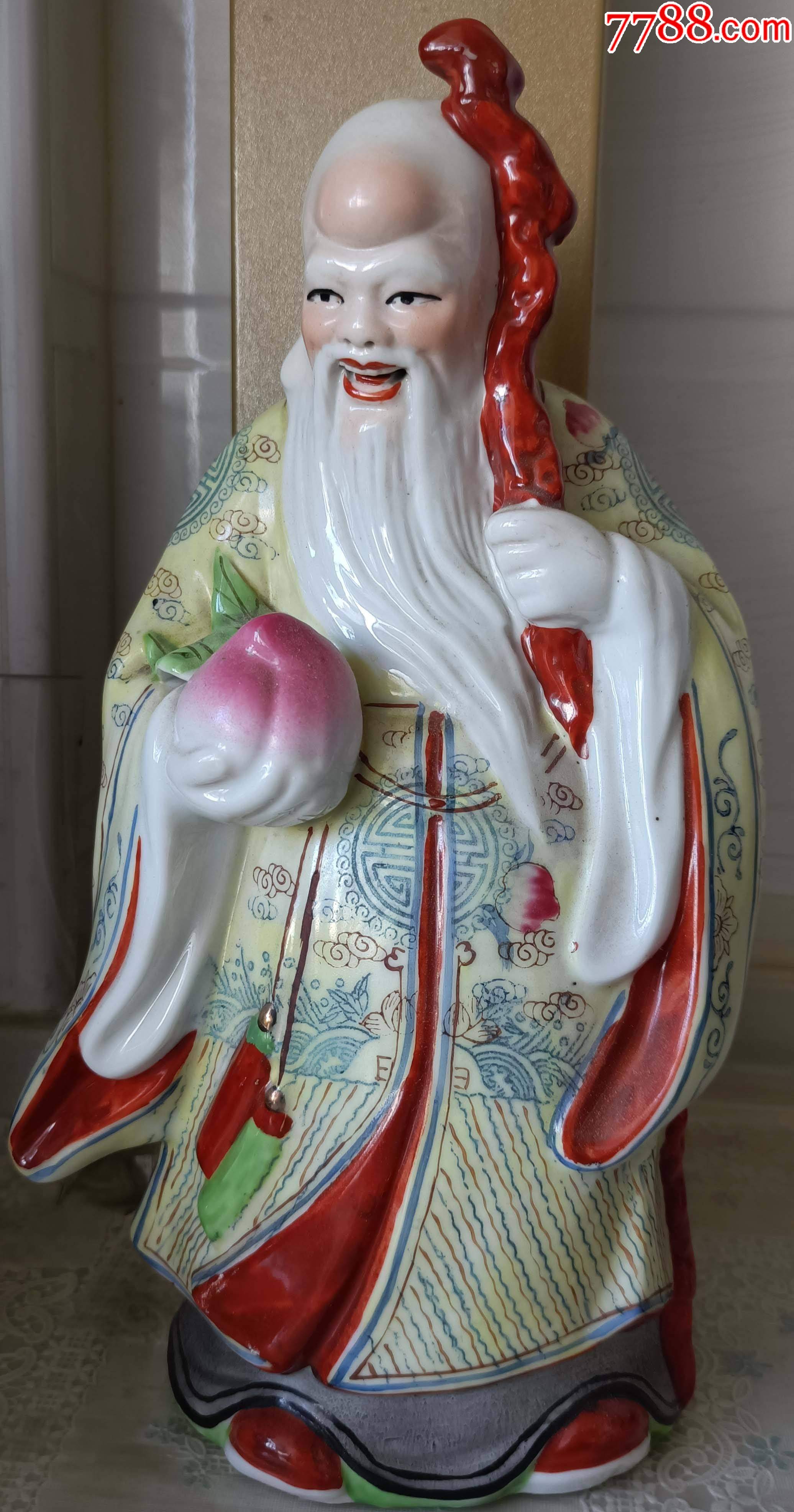 上世纪七十年代景德镇窑系烧制彩绘寿星献桃瓷雕塑高285厘米