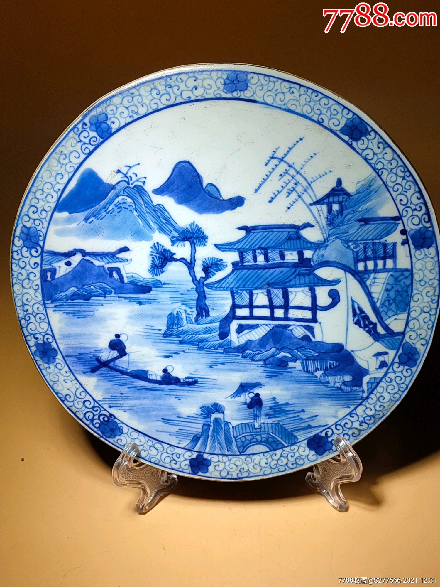 清代乾隆青花山水湖亭滕王阁图回流瓷板画