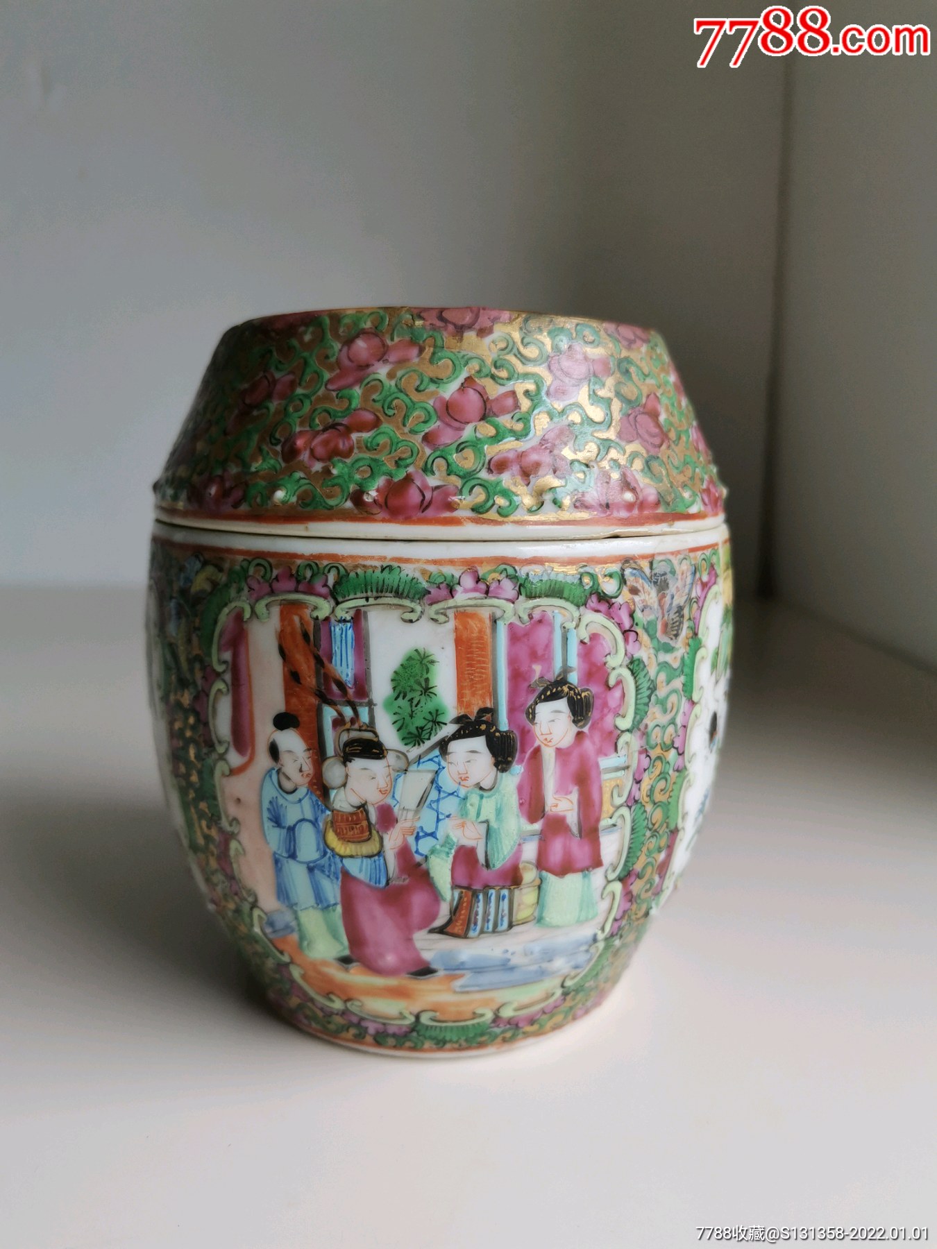 晚清广彩人物鼓敦罐