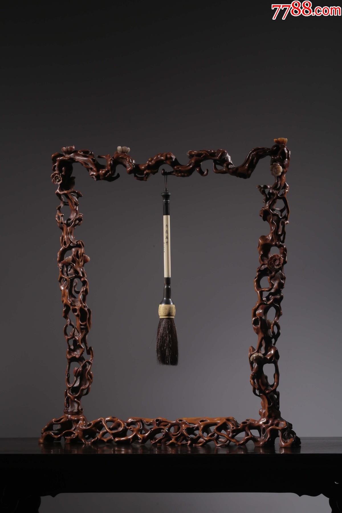 清黄杨木嵌寿山石梅花文房笔架