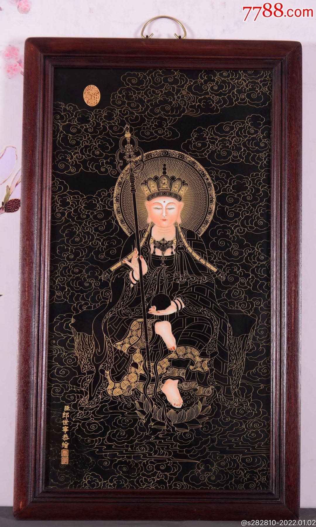 地藏王菩萨唐卡瓷板画实木框挂屏挂画