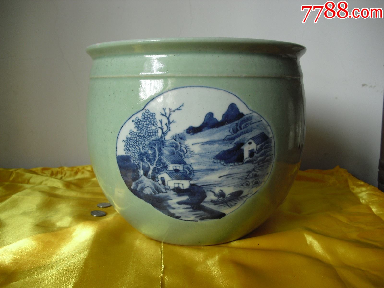 豆青釉开光青花山水卷缸_价格24000元【溪山烟雨】