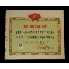1959年：湖南省长沙县第四初级中学【“带毛像”毕业证书】一张