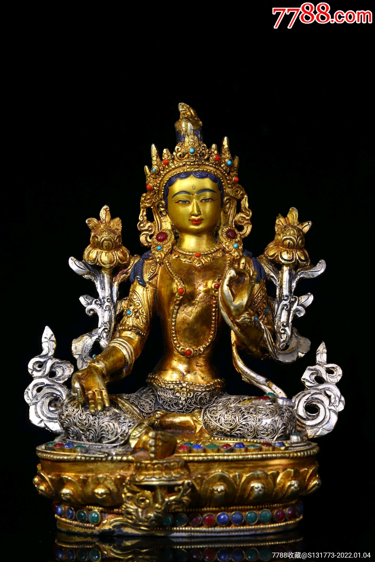 藏区回流藏银纯手工掐丝镶嵌宝石绿度母高215㎝宽17㎝重约2530克