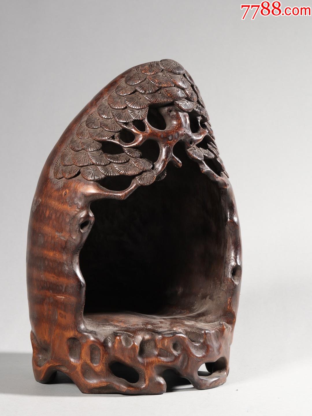 竹根雕松针纹佛龛摆件