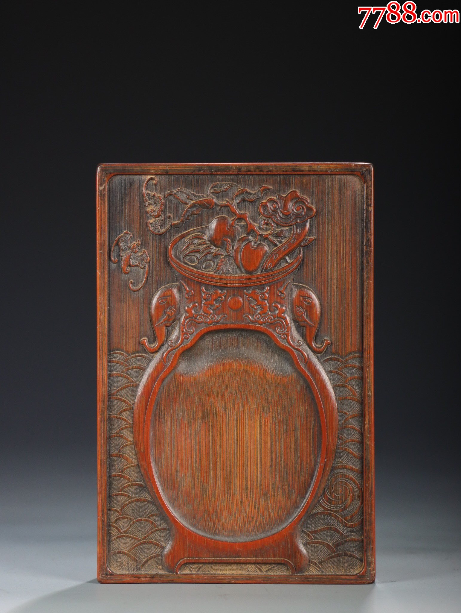 竹雕太平有象刻字砚台