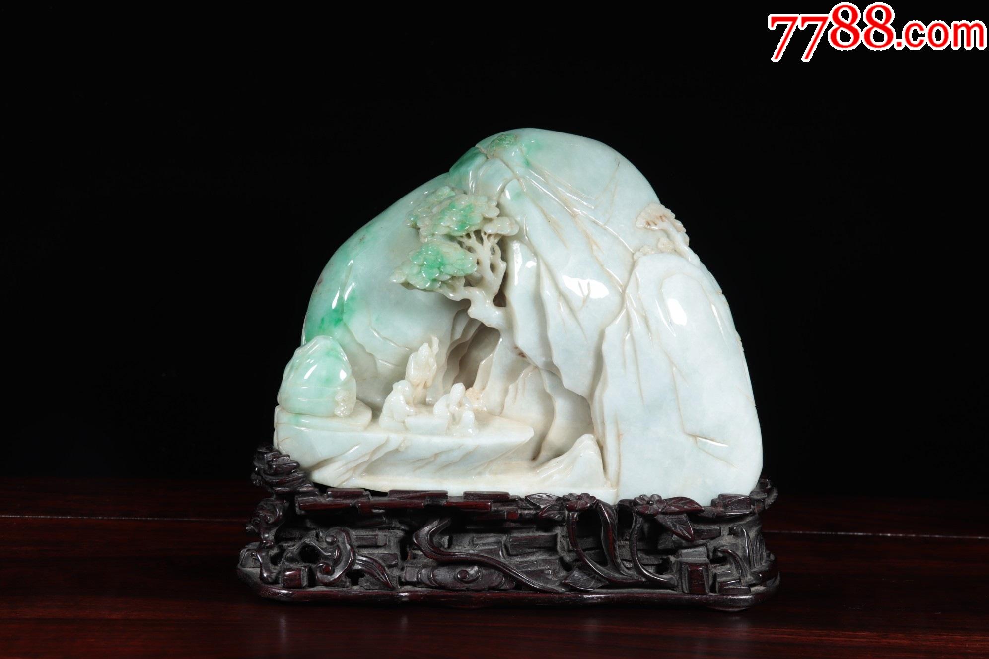 海外回流天然翡翠松下对弈图文房山子摆件