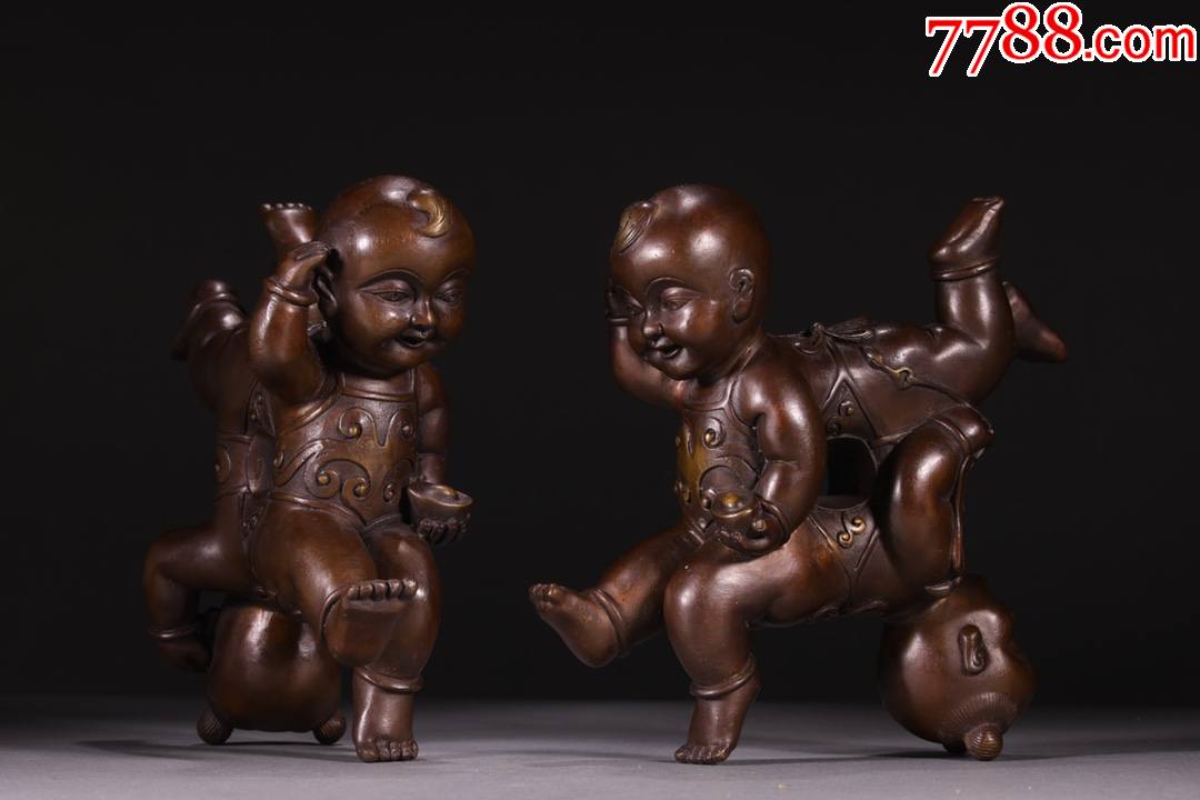 铜胎四喜童子摆件一对