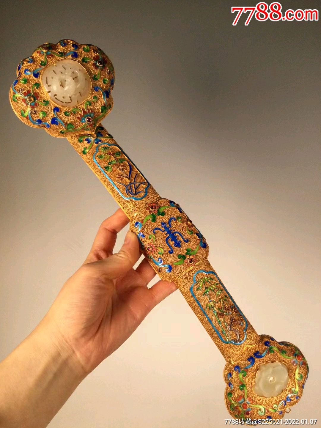 纯银鎏金烧蓝花丝镶嵌宝石如意一柄_景泰蓝/珐琅_第1张_7788模型收藏