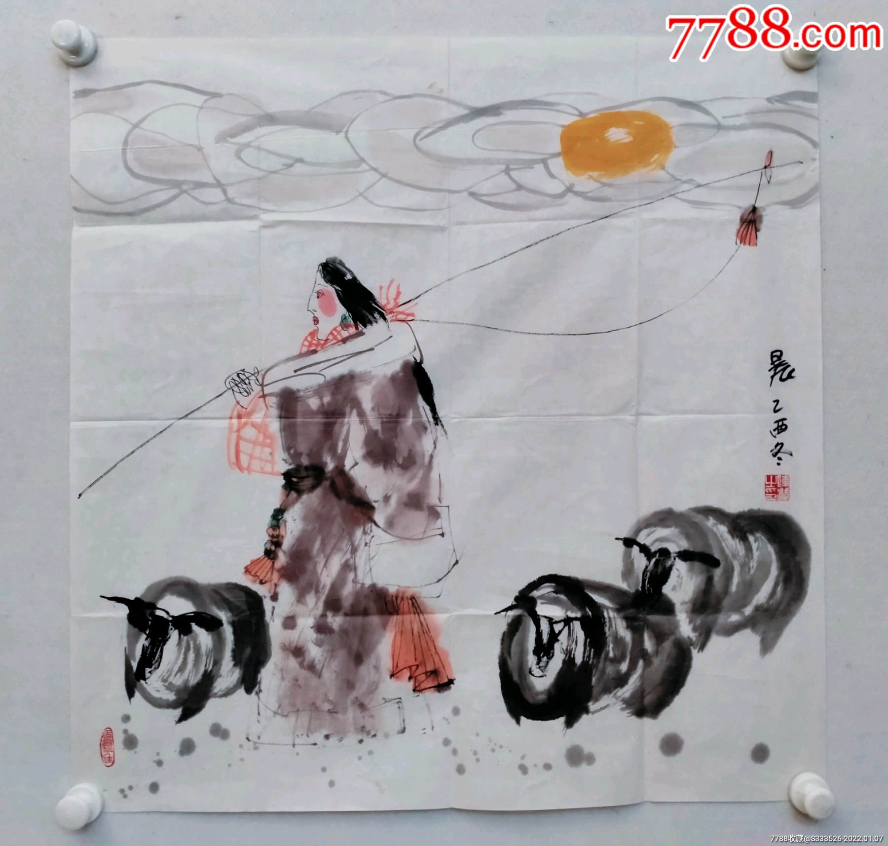 四川画家陈斌四尺斗方人物晨一幅尺寸6968纸本画心