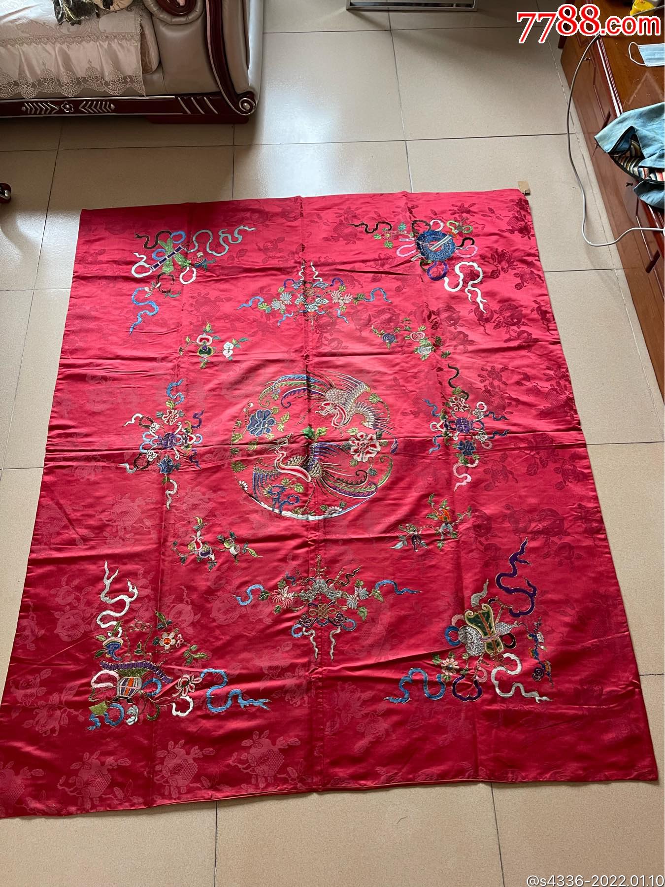 清代宫廷库缎双凤戏牡丹巨幅被面