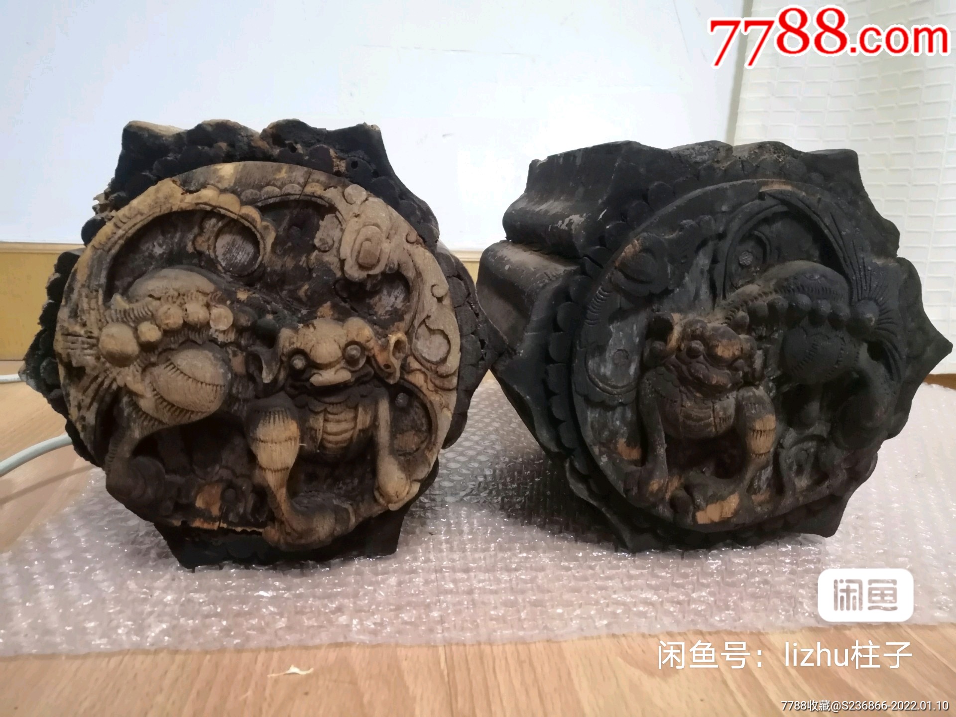 清代木雕户对狮子一对