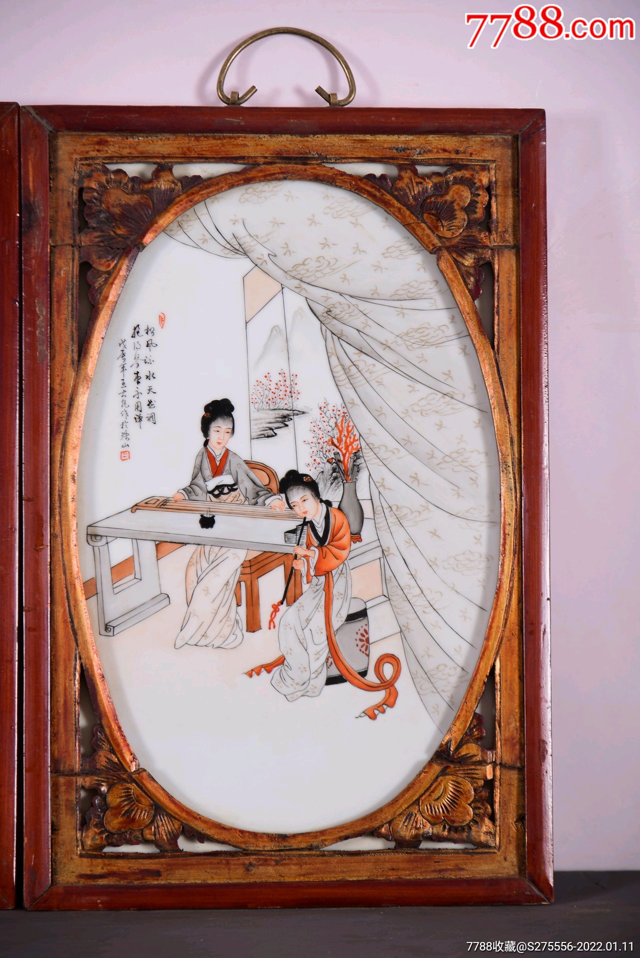 珠山八友之王大凡作品精品老衫木框镶墨彩描金人物瓷板画琴棋书画挂屏