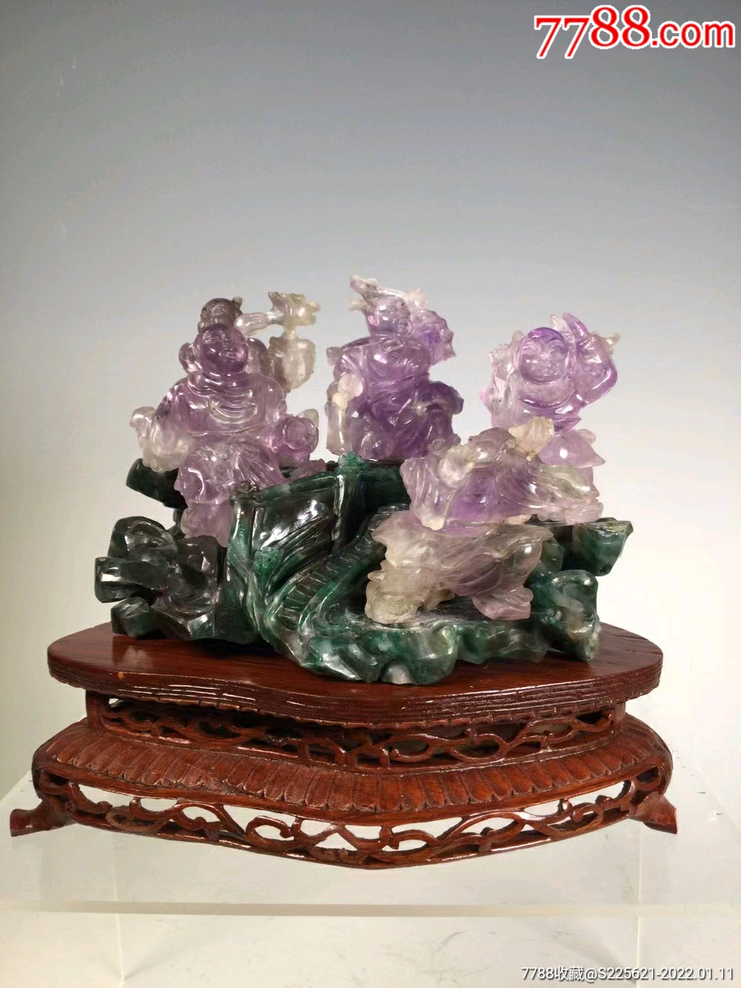 创汇时期紫水晶独山玉雕刻婴戏图摆件