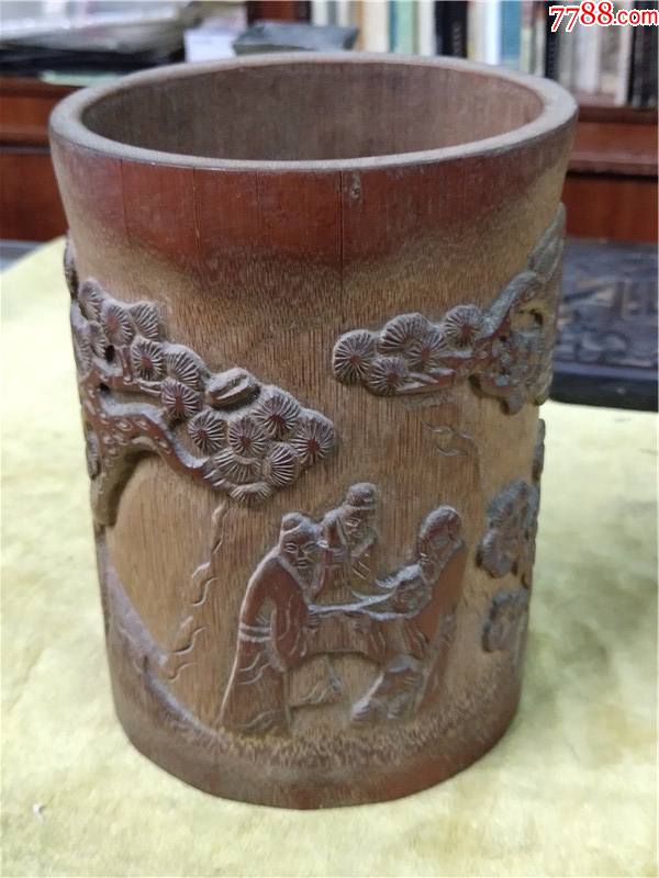 民国大竹筒雕人物笔筒