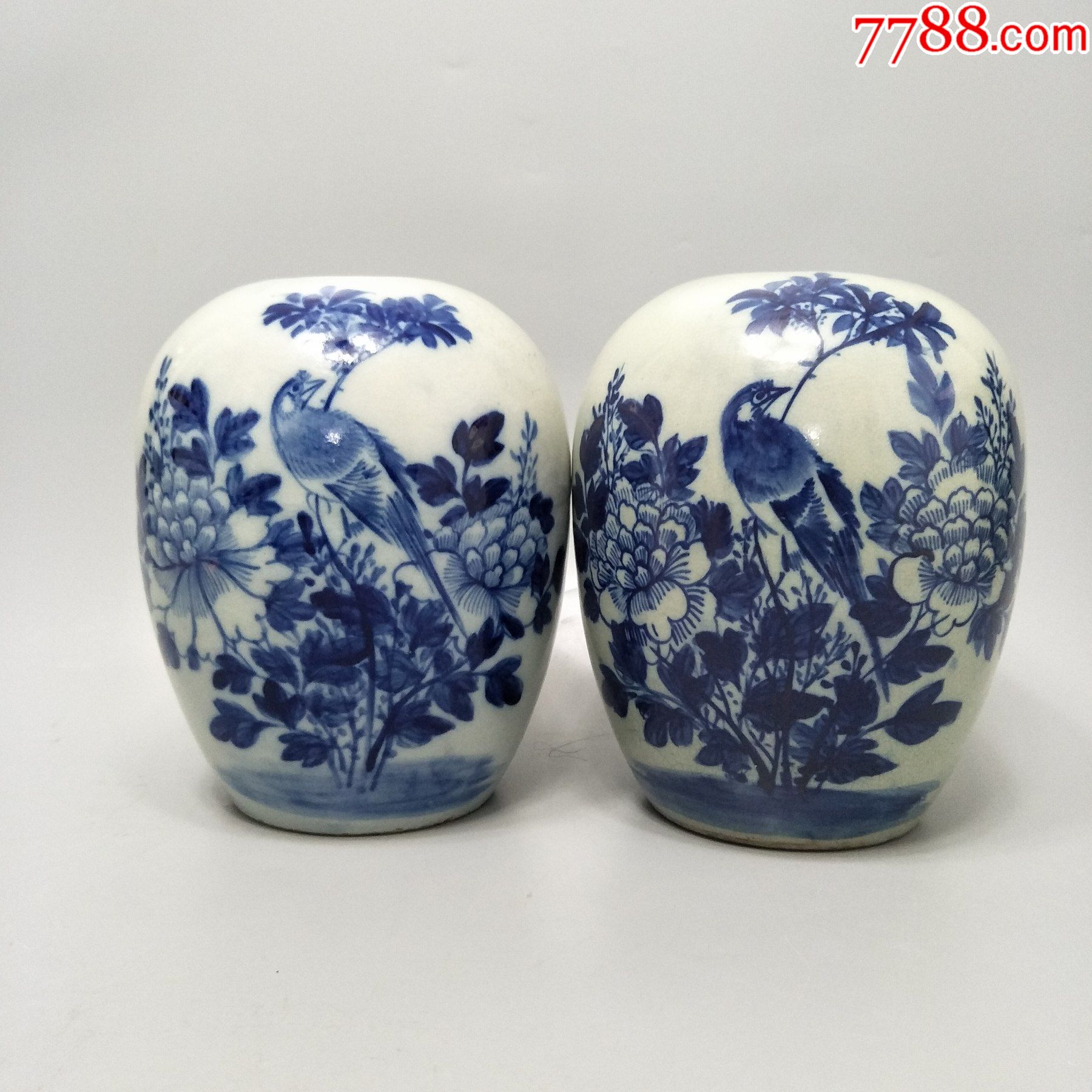 清代北方青花花鸟冬瓜罐子一对画工精美品相完好实属难得包老包邮