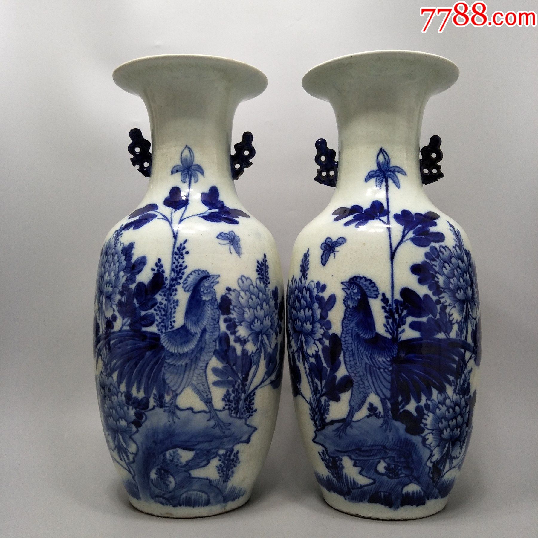 清代北方300件青花大吉大利公鸡胆瓶一对画工大气器型硕大包老包邮就