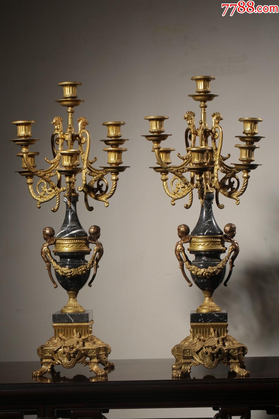 欧洲回流铜鎏金嵌大理石烛台一对