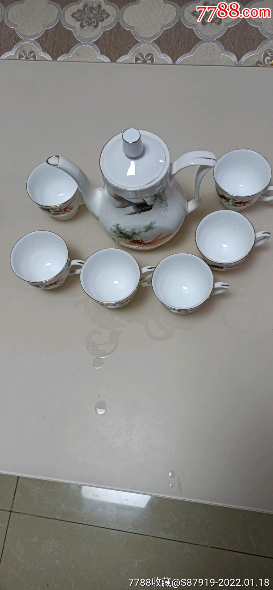 和杯前后带图案,山东陶瓷唯一著名商标80年山东博山陶瓷厂五头茶具一