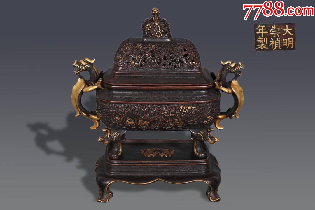 精铸铜胎鎏金鹤鹿同春图夔龙耳四方熏炉a91s40f