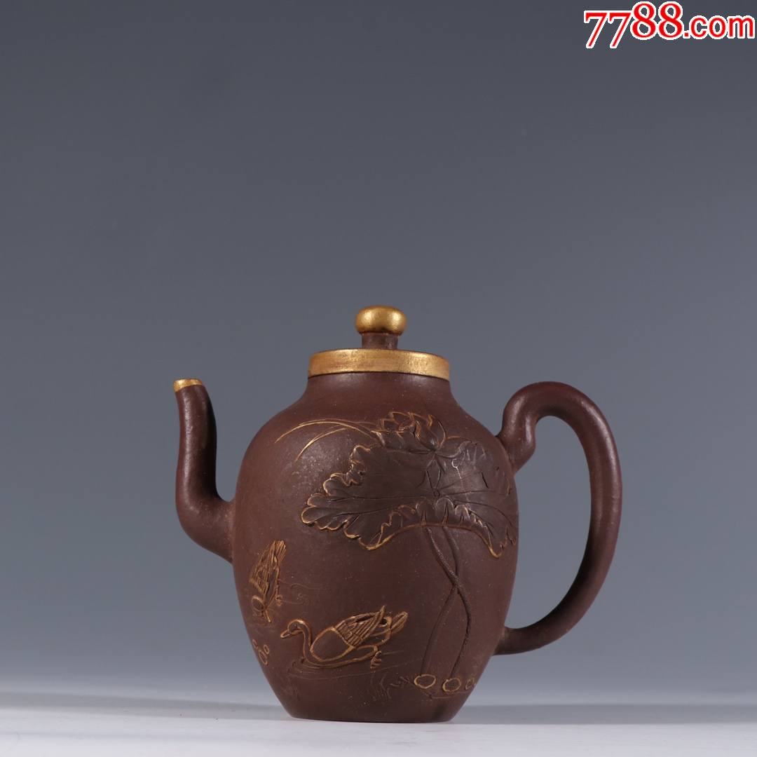 金鼎商标紫砂描金鸳鸯图茶壶