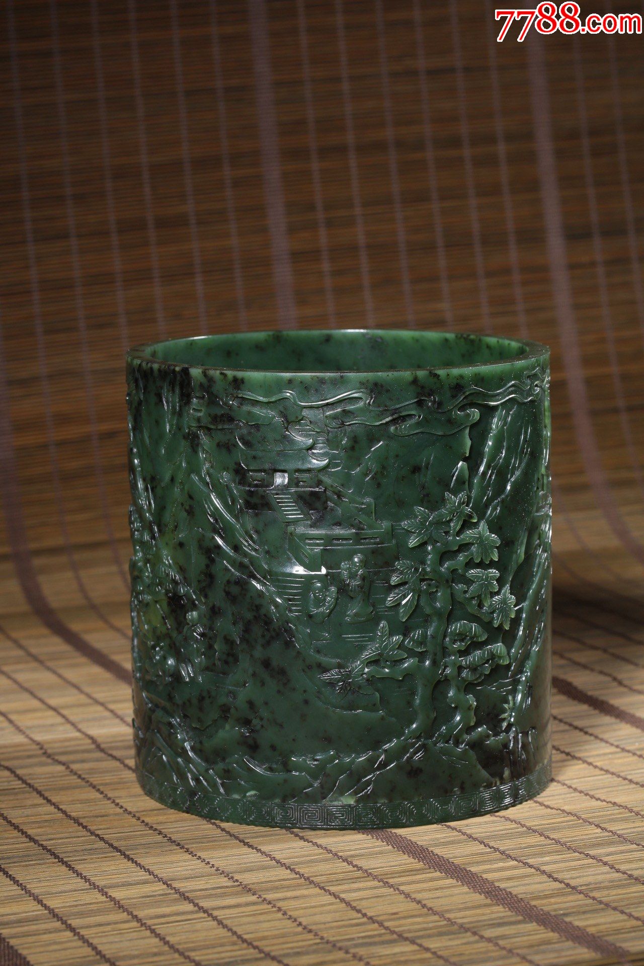 和田碧玉雕人物山水文房笔筒