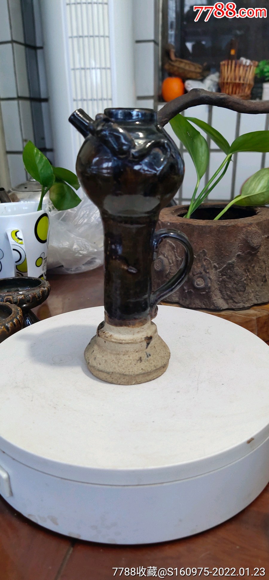 漂亮老的乌金釉老鼠偷油高足油灯755158cm