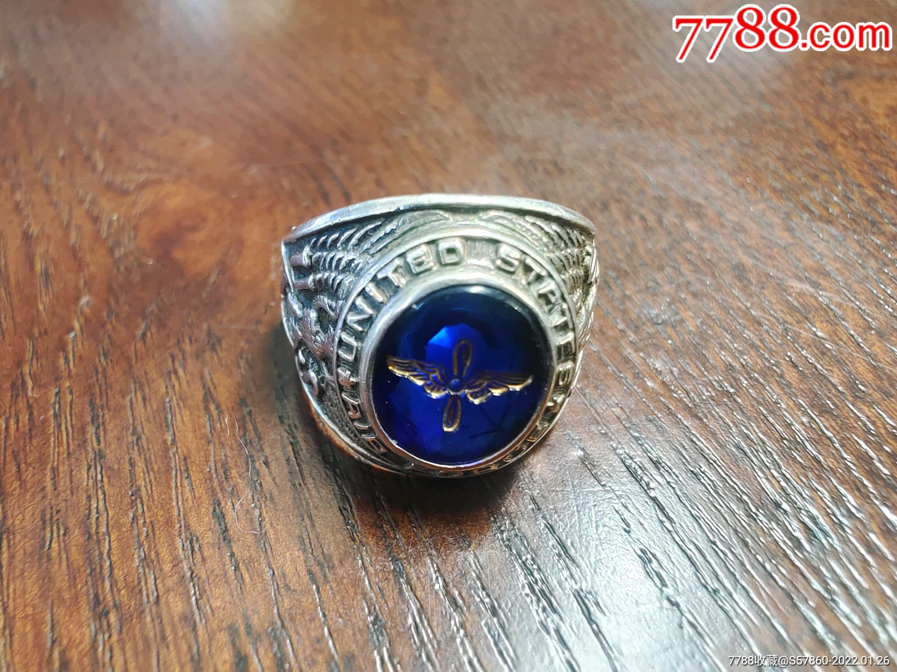 二战美国空军925银镶嵌雕刻戒指