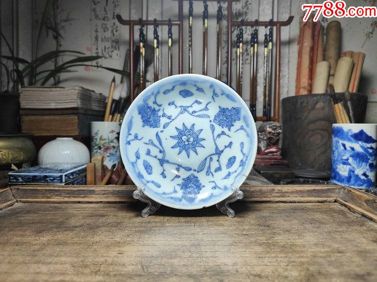 清代中后期民俗青花瓷器青花缠枝莲碟盘传世真品