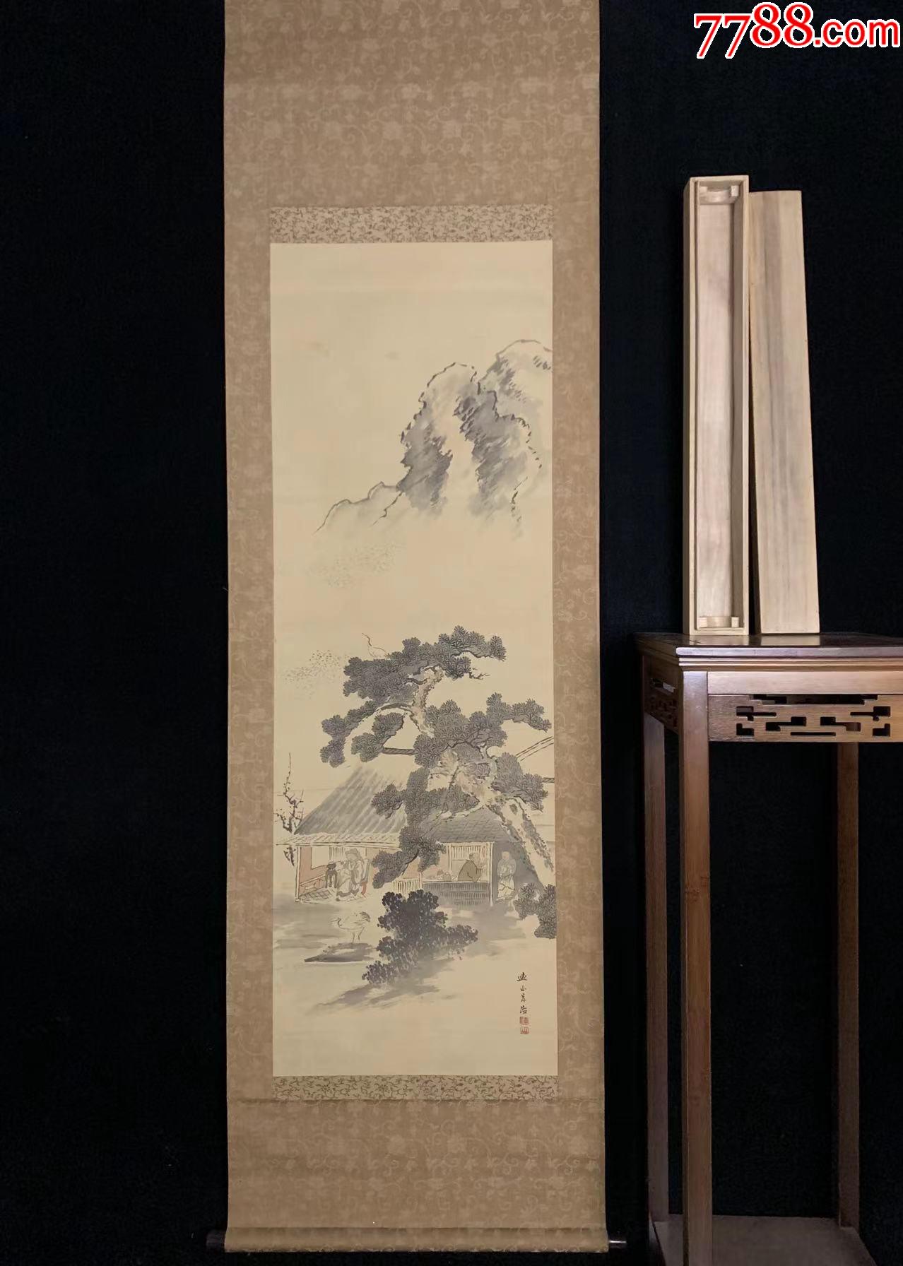 日本回流老字画绢本岸连山松水人物绘4662中古老书画书房茶挂