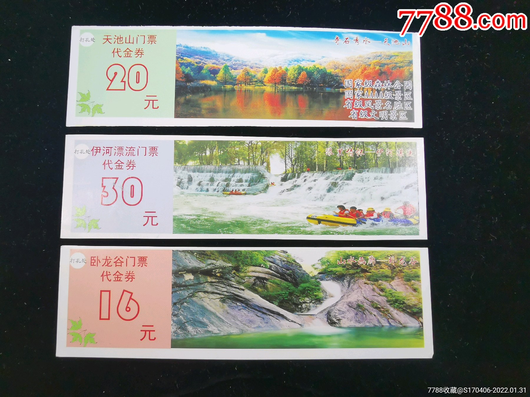 门票景区代金券一套3枚天池山面值20元伊河漂流面值30元卧龙谷面值16