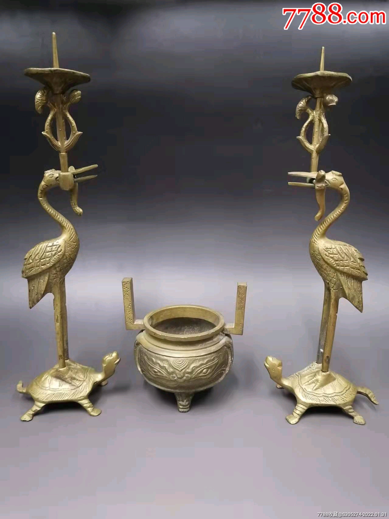 早期铜仙鹤蜡烛台铜炉一套