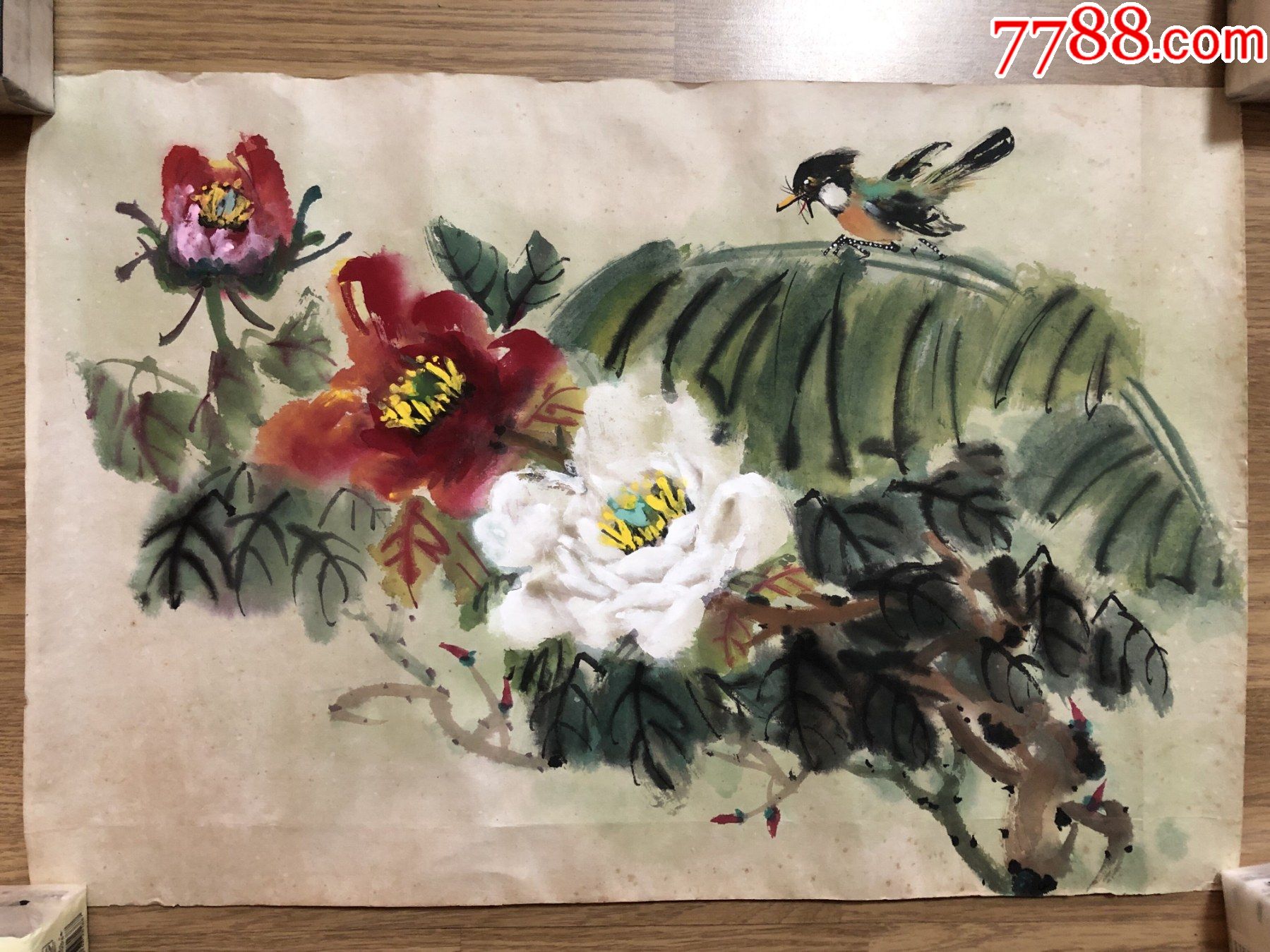海派老画家杨人杰精品花鸟《牡丹芭蕉小鸟》_花鸟国画原作_第1张_7788