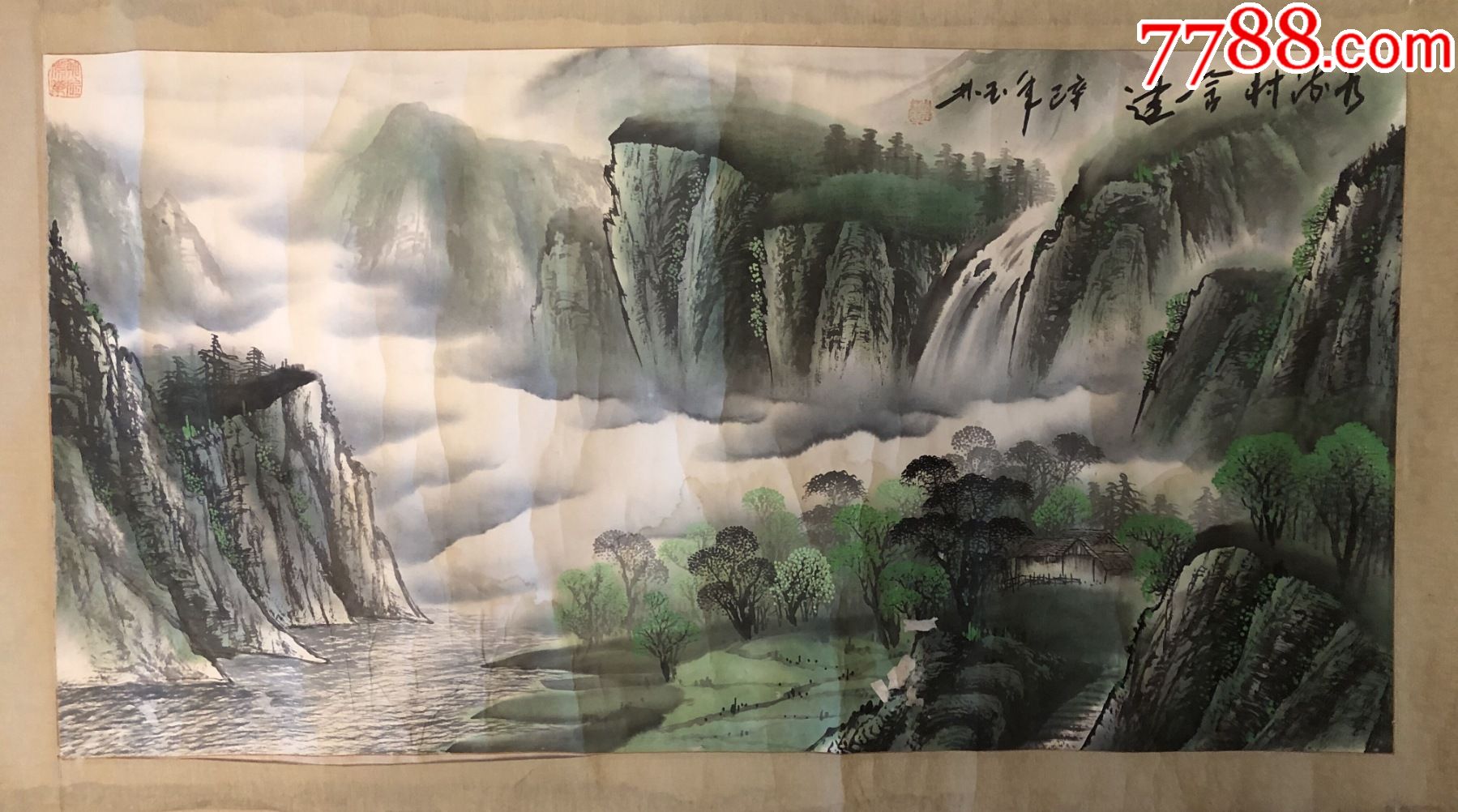 三尺橫披精品青綠山水《水流村舍邊》鏡芯_山水國畫原作_墨海飄香