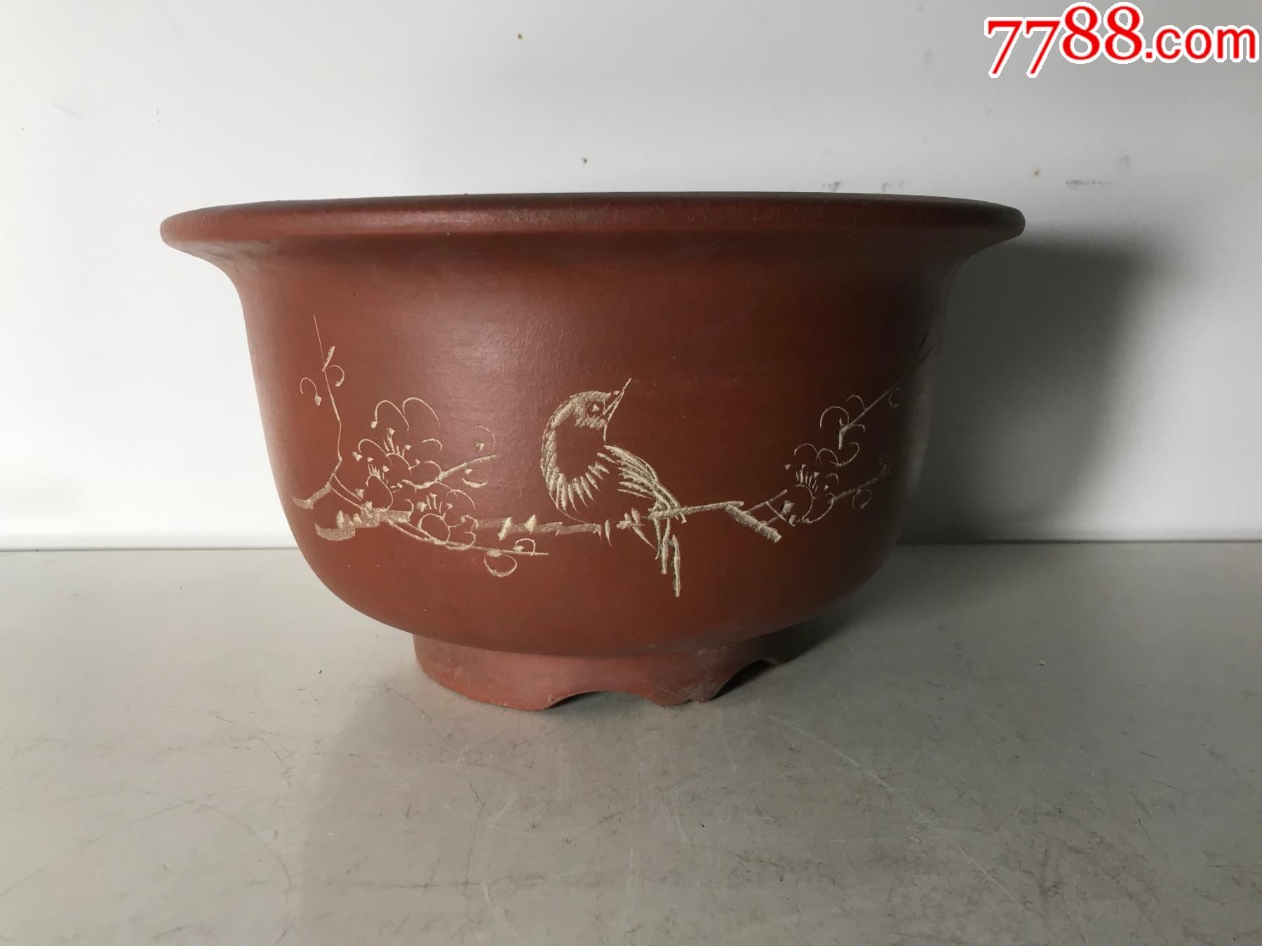 七八十年代石平刻花鸟宜兴紫砂花盆-价格:350元-se85170750-其他紫砂