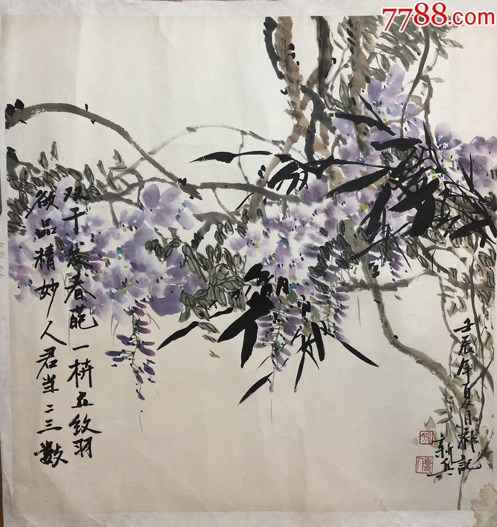 齐鲁书画名家孙新兵四尺斗方精品花鸟紫藤墨竹画片