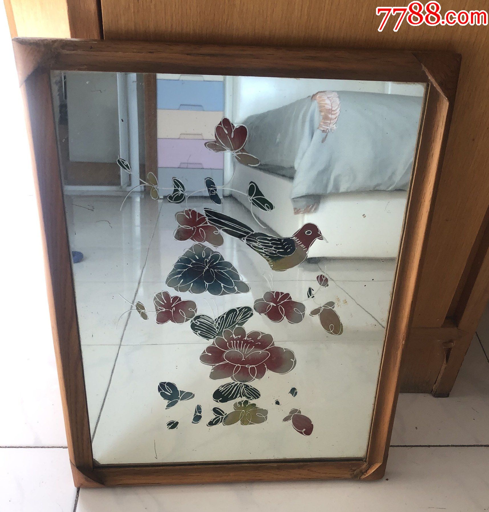 六十年代老玻璃镜喜鹊闹春