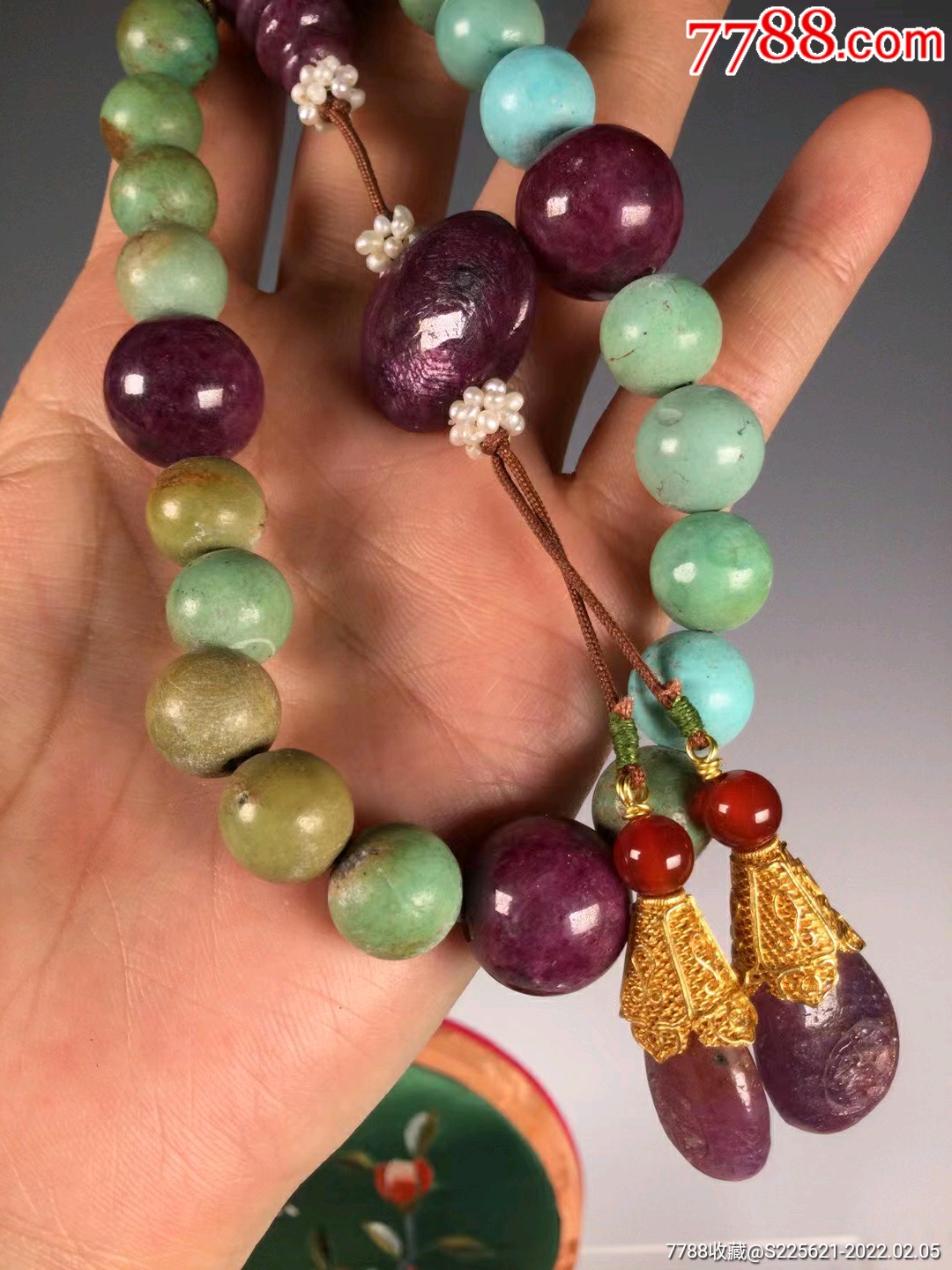 宫廷式天然松石红宝石手串压襟