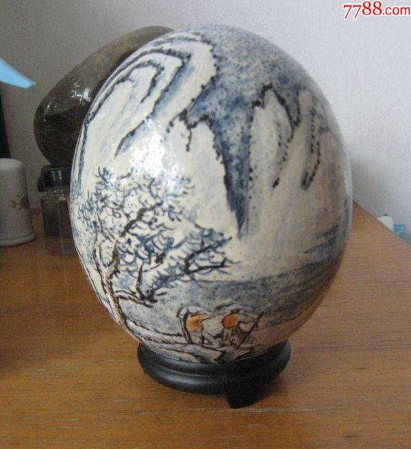 鸵鸟蛋天然矿物颜料手绘雪景山水诗文摆件全品_彩蛋/蛋壳贴画_第1张